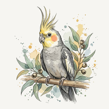 Watercolor illustration of a cute cockatiel perched on a branch with cockatiel watercolor illustration tropical painting