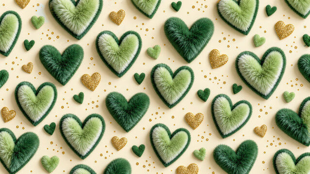 a seamless pattern of fluffy green hearts interspersed with small gold hearts on a creamy background.