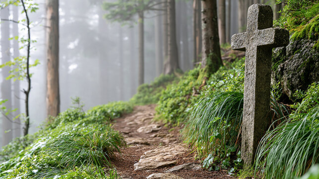 Misty forest trail leading toward a weathered stone cross, spiritual journey, solitude, Christian symbolism, nature, contemplative atmosphere, cinematic morning fog, with copy