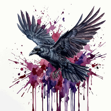 Raven bird in flight with watercolor paint splatters and drips watercolor splatter painting wildlife colorful abstract
