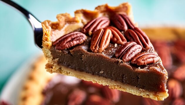 a close up shot of a fork lifting a bite sized piece of mouth watering chocolate pecan pie