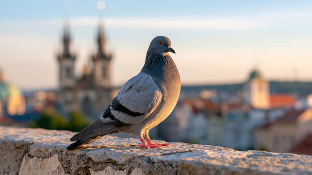 Lone pigeon perched on an old stone ledge with historic bell towers glowing during golden hour, European church architecture, peace symbolism, urban wildlife, travel photography,