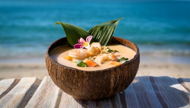 a beachside scene with seafood bisque served in a coconut shell bowl garnished with edible flowers