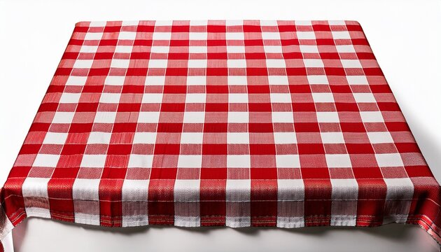 red and white checkered tablecloth draped over a table picnic style isolated on a white background