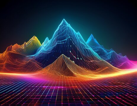 wireframe mountain in bright colours landscape wire with depth of field effect