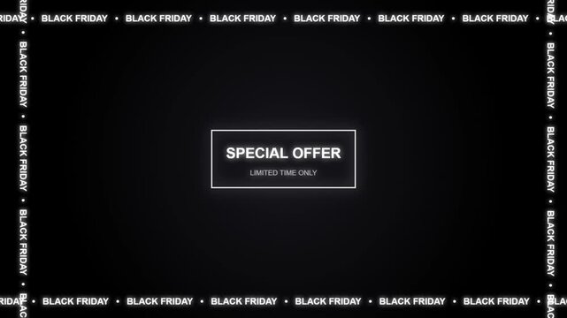 Black friday special offer text banner with moving animated frame for retail sale promotion.
