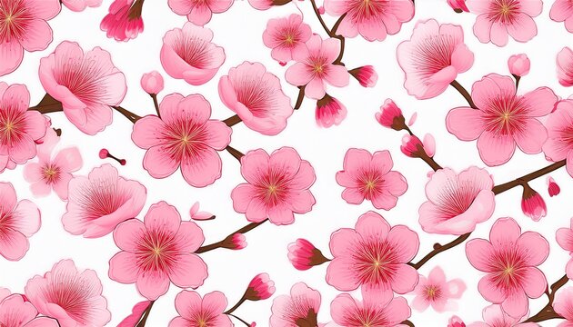 seamless pattern of pink cherry blossom flowers on white background