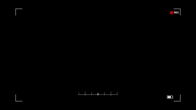 Camera recording interface overlay with red rec light blinking on black background in studio.