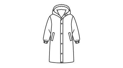Black outline vector icon of a long hooded winter parka coat with fur trimmed hood buttons side welt pockets and elastic cuffs shown in centered front view drawn with medium lines for bulky shape © Danielle
