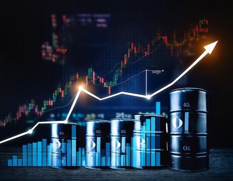 financial world crisis concept barrels of oil with charts and graphs of stock market as a concept of raw material on dark background up of oil price market grow up
