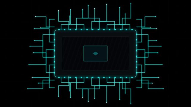 Futuristic digital interface frame with glowing cyan neon border and central diamond icon, abstract technology screen element for hud design, motion graphics background