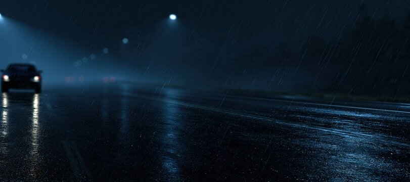 Car driving on rainy highway at night with reflective wet road and misty streetlights