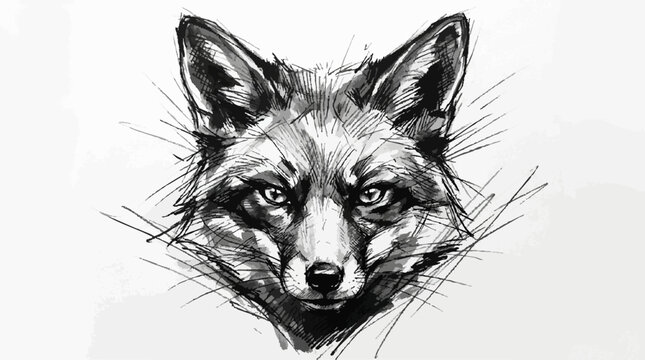 Fox head portrait in dark ink sketch style with expressive lines portrait illustration wildlife predator whiskers monochrome