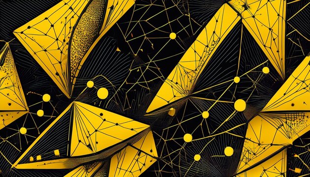 dense yellow black abstract geometric network pattern chaotic intersecting jagged triangles scattered node dots for futuristic cyberpunk apparel prints sci fi ui seamless art