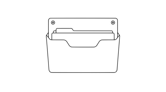 Black outline vector icon of a wall mounted file pocket holding tabbed folders with front cutout notch and two top screw heads drawn with thin lines in frontal view with balanced symmetrical layout