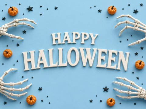 Halloween greeting with skeleton hands and pumpkins