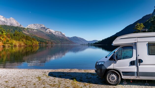 camper van parked by a calm lake with mountains and clear sky