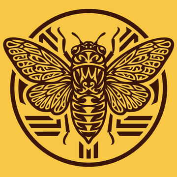 Tribal cicada graphic icon with intricate wing details inside a circular frame ornament detailed silhouette background