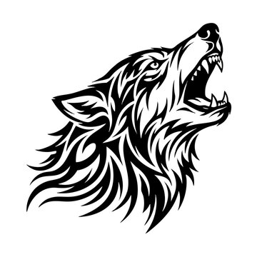 Howling wolf head silhouette illustration in black and white tribal art style with predator illustration monochrome isolated