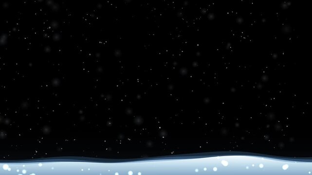 Snow falling with snow-covered ground on black background seamless loop animation motion footage.
