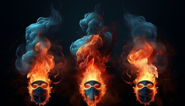 3 plumes of flames and smoke masked