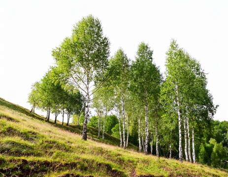 birch trees with green foliage growing on a hillside isolated on white background