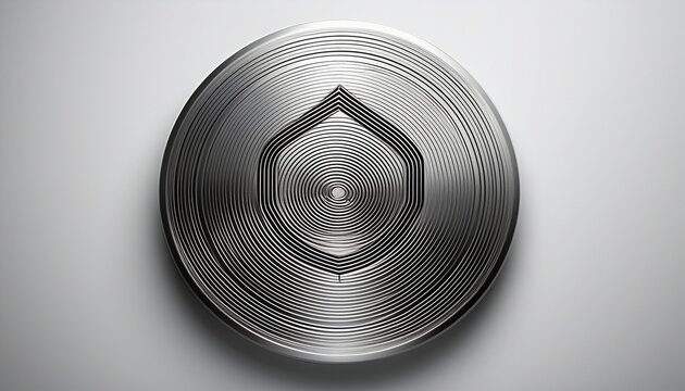 minimalist brushed metal circular disk with an engraved hexagon symbol isolated on a clean white background