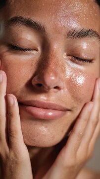 Close up portrait of a young woman with glowing, healthy skin gently touching her face. She has a serene expression with closed eyes, showcasing natural beauty and skincare