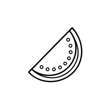 Simple black and white line art vector icon of a watermelon slice with watermelon refreshing minimalist culinary vegetarian
