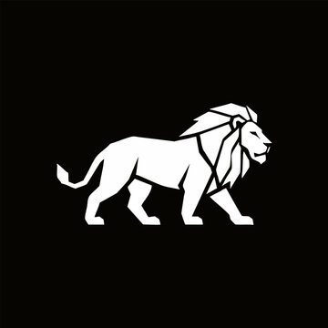 Minimalist white silhouette of a walking male lion isolated on black background with wildlife silhouette predator minimalist