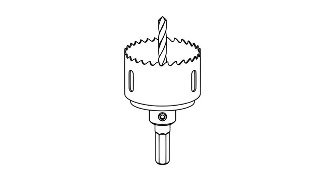 Black outline vector icon of a bimetal hole saw cup with serrated cutting edge, pilot drill and slotted sidewall plus hex shank drawn in medium lines in upright centered view showing depth detail