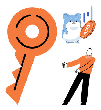 A large key with a hamster holding a bitcoin and an investor vector illustration. Financial security, digital assets, crypto trading, investment strategy, market growth, wealth management. Access to