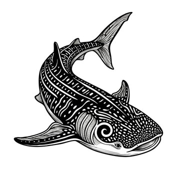 Detailed black and white engraving style illustration of a whale shark with wildlife illustration engraving predator creature