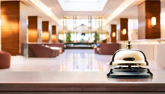 elegant hotel bell on glossy counter with luxury lobby in soft focus