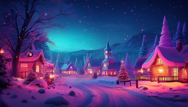 neon glow in a snowy hamlet