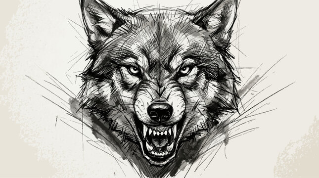 Aggressive snarling wolf head sketch with sharp teeth and piercing eyes predator snarling wildlife ferocious illustration
