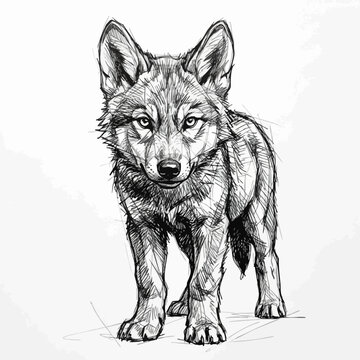 Pencil sketch drawing of a standing young wolf cub with wildlife illustration graphite detailed portrait standing wilderness