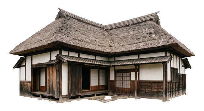 Traditional Japanese minka house with a thatched roof isolated on a clean white background