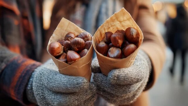 Two hands in cozy woolen gloves hold paper cones filled with freshly roasted chestnuts at an outdoor winter market. The warm nuts contrast with the chilly atmosphere, evoking seasonal comfort