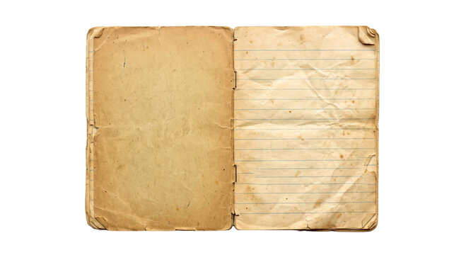 Open vintage notebook with blank aged paper pages isolated on a clean white background