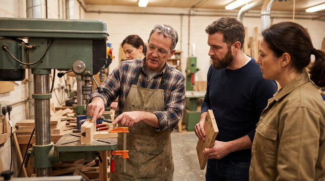 Mature Carpenter Teaching Students How to Use Drill Press Machine in Workshop. Concept of learners, carpentry, woodworking, vocational training, apprentice, teacher, drilling.