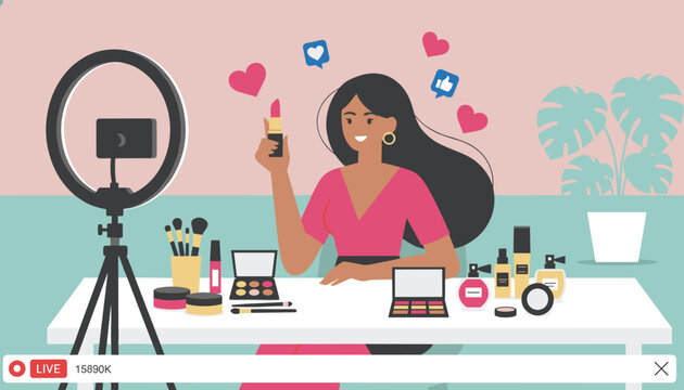 Professional beauty influencer live streaming a makeup tutorial with a ring light and various cosmetic products on her desk.