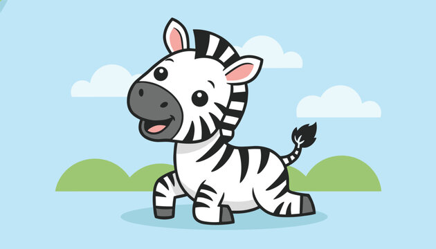 Cute cartoon zebra character walking happily through a scenic green meadow under a bright blue sky with white clouds.
