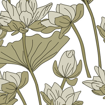 vintage lotus seamless pattern set with water lily flowers, pods, and leaves vector background
Elegant oriental lotus floral pattern collection for Asian heritage style textile print and wallpaper