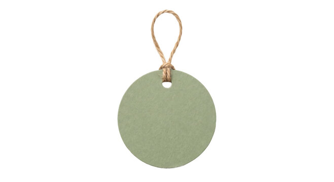 Blank round sage green paper gift tag with a rustic jute twine loop on white background