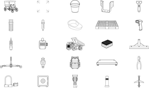 Set of 25 black outline vector icons arranging an assorted industrial hardware selection with cleaning pail, dump haul truck, trauma backpack, utility plier, floor safe, code reader and plastic pallet