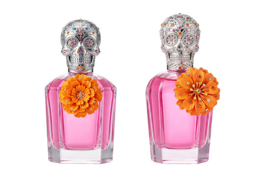 Luxurious pink perfume bottles with sugar skull caps and orange marigold flowers set. Gothic luxury cosmetics isolated on transparent background.