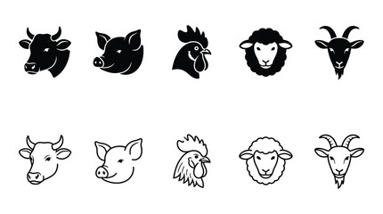 Fototapeta premium Farm animal head silhouettes are displayed within rounded square frames