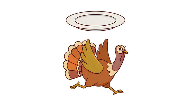 Cartoon turkey running with flying plate