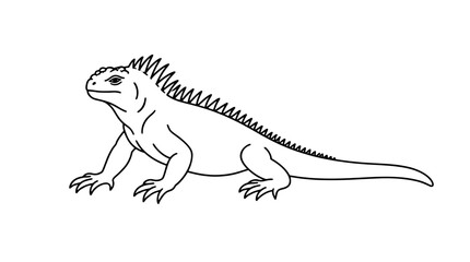 Obraz premium Black outline vector icon of a marine iguana in side profile with spiky dorsal ridge, rounded snout, clawed feet and long tapering tail drawn with medium lines in centered composition